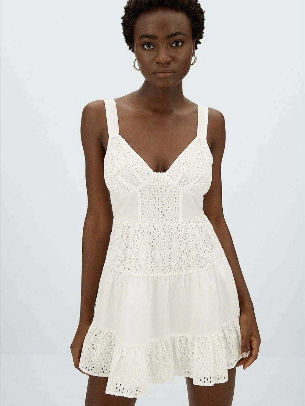 Stradivarius White Cotton Eyelet Tiered Mini Dress L